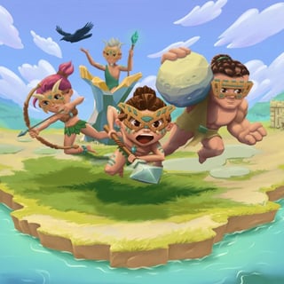 Prehistoric tribe warriors defending island watchtowers against invading monsters with spears, magic and stone weapons