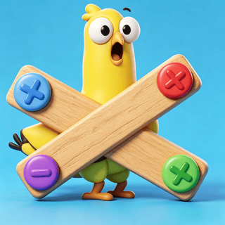 Colorful cartoon bird trapped behind wooden planks with bright matching screws