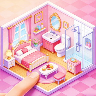 Soft pastel isometric home interior with bedroom, bathroom, and cozy furniture arranged in a dollhouse-style layout