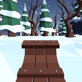 First-person view of a colorful sled racing through snowy terrain with snowmen ahead