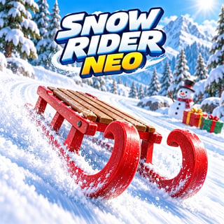 Snow Rider Neo sled racing through a snowy mountain forest with ramps and obstacles