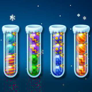 Holiday puzzle game with colorful Christmas baubles in test tubes