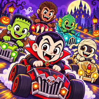 Colorful Halloween monster kart racing game featuring Dracula, Frankenstein, a mummy, and other spooky characters speeding through a haunted race track.
