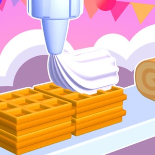 A waffle topped with brightly colored cream and sprinkles from a dessert decorating game