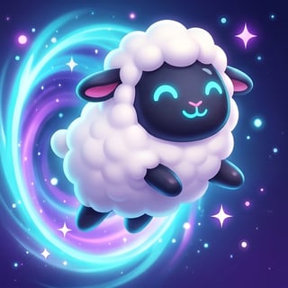 Fluffy space sheep standing beside a glowing portal in a dreamy galaxy puzzle game