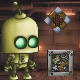 Push, slide, and sort blocks in a steampunk factory Adorable hand-drawn robot with steampunk blocks