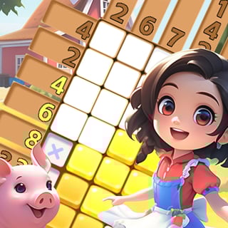 Nonogram farm puzzle grid with numbered clues and pixel art reveal