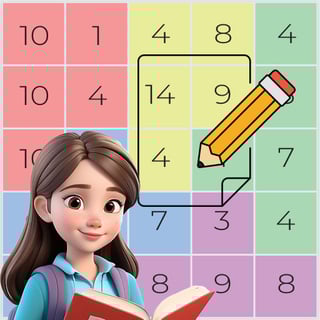 Girl holding a book with math puzzle grid in background