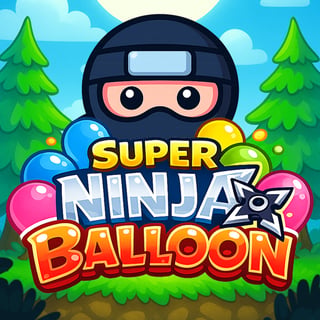 Cute cartoon ninja surrounded by colorful balloons in a bright puzzle popping game