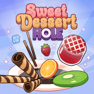 A dessert themed hole game where sweets, fruit, and chocolate slide into a growing hole