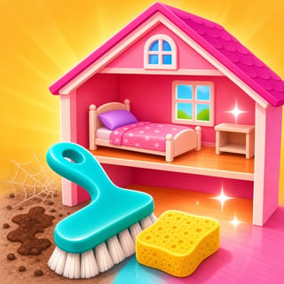 Colorful dollhouse cleaning game with a toy brush, sponge, and messy pink bedroom.