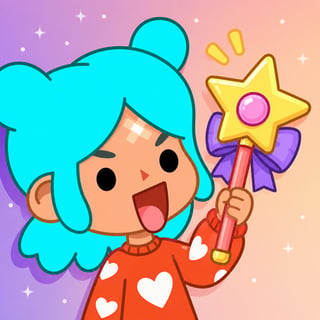 Cute turquoise-haired avatar holding a star wand in a colorful city building and life simulation game