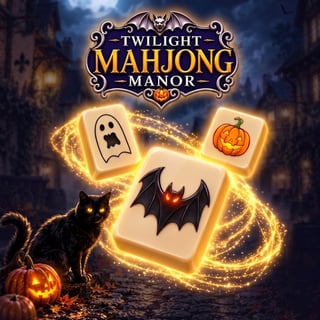 Twilight Mahjong Manor spooky tile matching game with glowing mahjong tiles, a haunted manor, pumpkins, bats, and a black cat