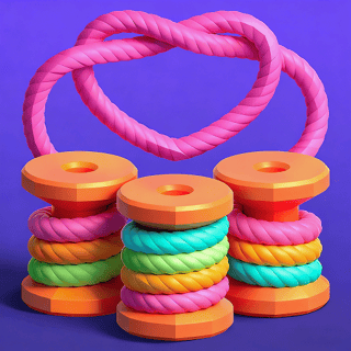 Colorful yarn spools being sorted into matching boxes in a cozy wool-themed puzzle game