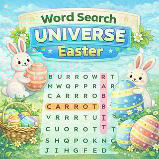 Cute Easter-themed word search puzzle with bunnies, colorful eggs, and spring garden background