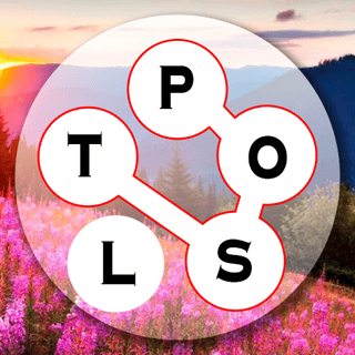 Circular letter wheel over a serene lake background showing P O L S T letters for a word connect puzzle