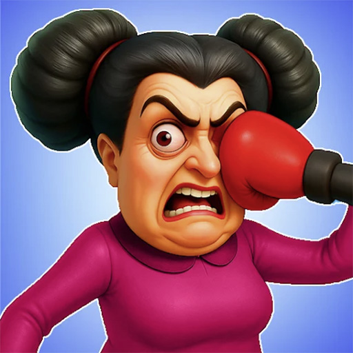 Crazy Aunty getting ready for a boxing match with an oversized red boxing glove