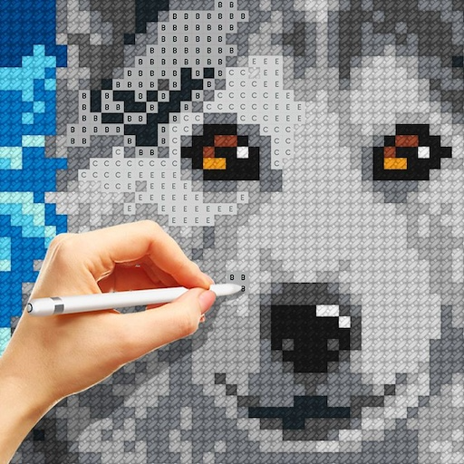 Majestic wolf being cross-stitched in