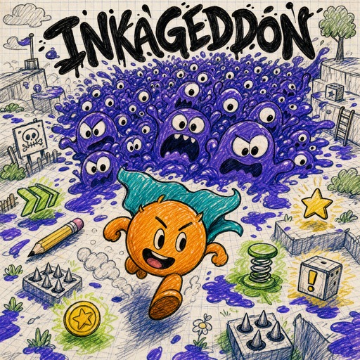Orange doodle hero battling purple ink monsters across a notebook page