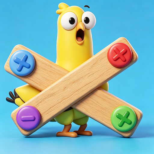 Colorful cartoon bird trapped behind wooden planks with bright matching screws