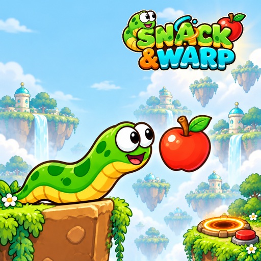 Colorful worm eating an apple beside portals, crates, buttons, and puzzle platforms