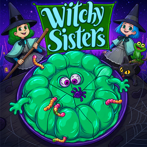 Witchy Sisters relaxing puzzle game with colorful cartoon frogs, magical sisters, and a spooky purple background